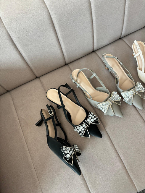 High Quality Crystal Bow Decor Slid On Kitten Heels